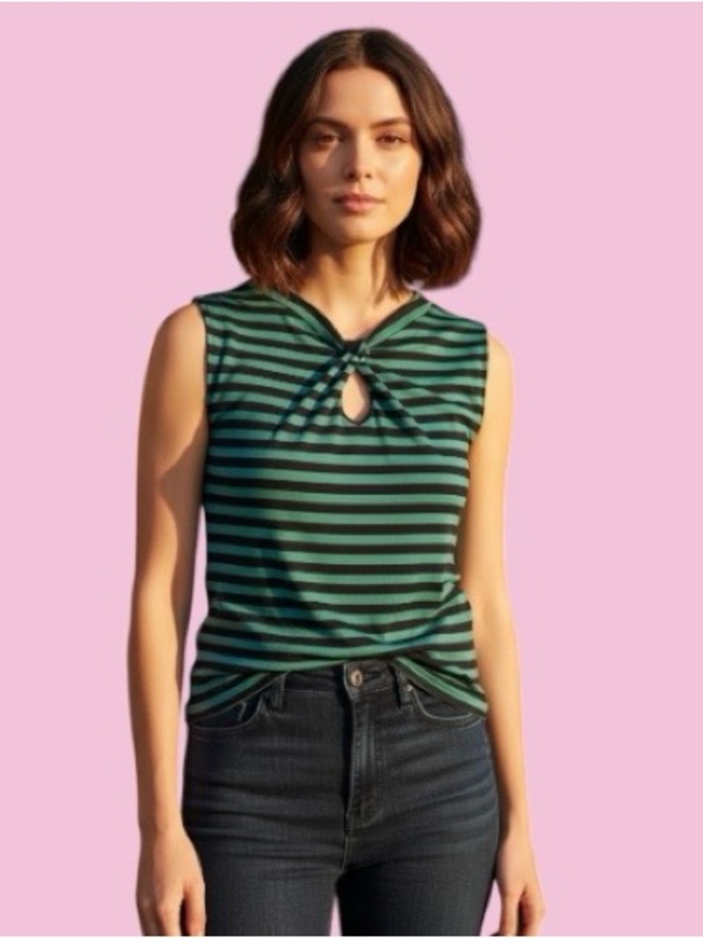 B’leev Sleeveless Green & Black Striped Twist-Keyhole Top